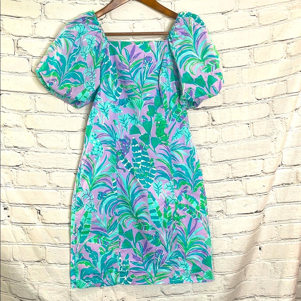 Lilly Pulitzer Blue Purple Puff Sleeve Neon Green Tassel Dress Size 00